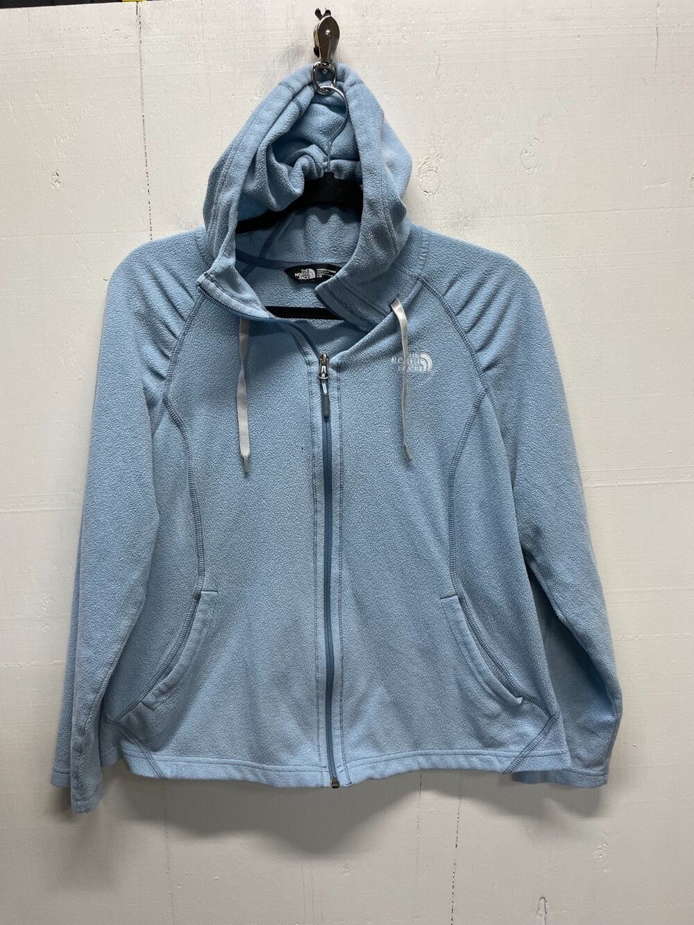 North Face Women's Zip Up Teddy Fleece Jacket Size Large Light Blue *small hole*